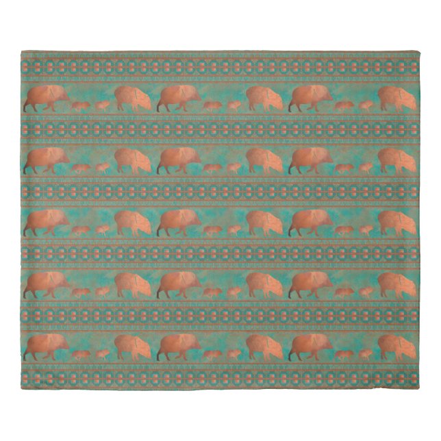 Southwest Cute Javelina Family Copper Teal King Duvet Cover (Front)