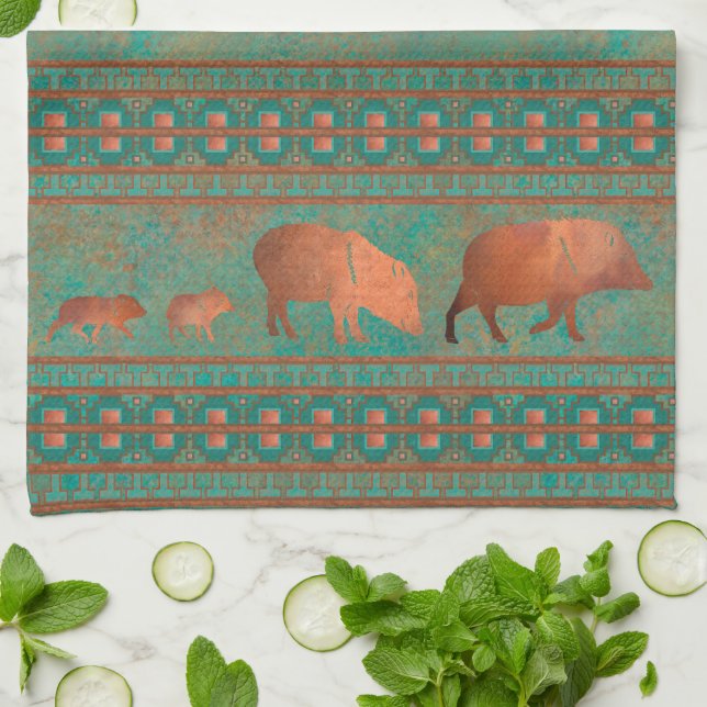 Southwest Cute Javelina Family Copper Teal Kitchen Towel (Folded)