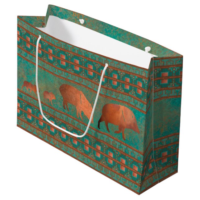Southwest Cute Javelina Family Copper Teal Large Gift Bag (Front Angled)