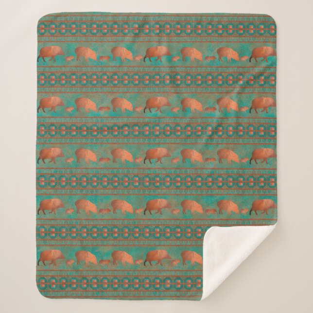 Southwest Cute Javelina Family Copper Teal Medium Sherpa Blanket (Front)