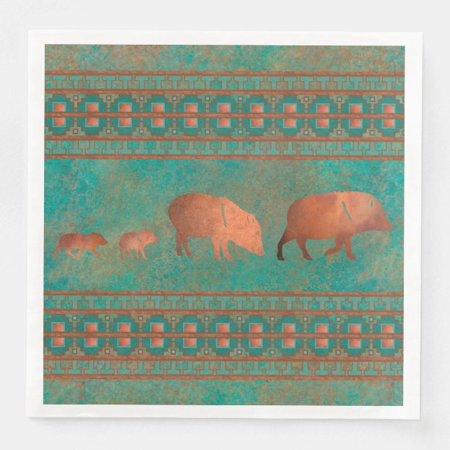 Southwest Cute Javelina Family Copper Teal Paper Dinner Napkins (Front)