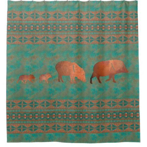 Southwest Cute Javelina Family Copper Teal Pattern Shower Curtain