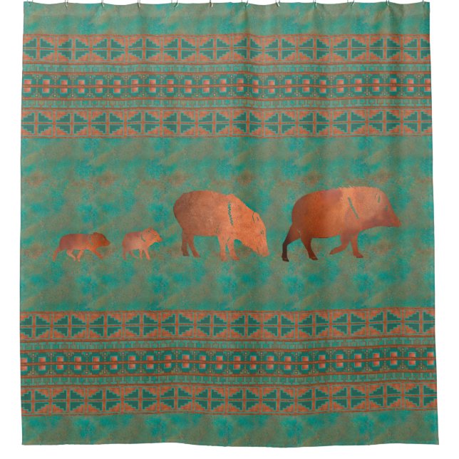 Southwest Cute Javelina Family Copper Teal Pattern Shower Curtain (Front)