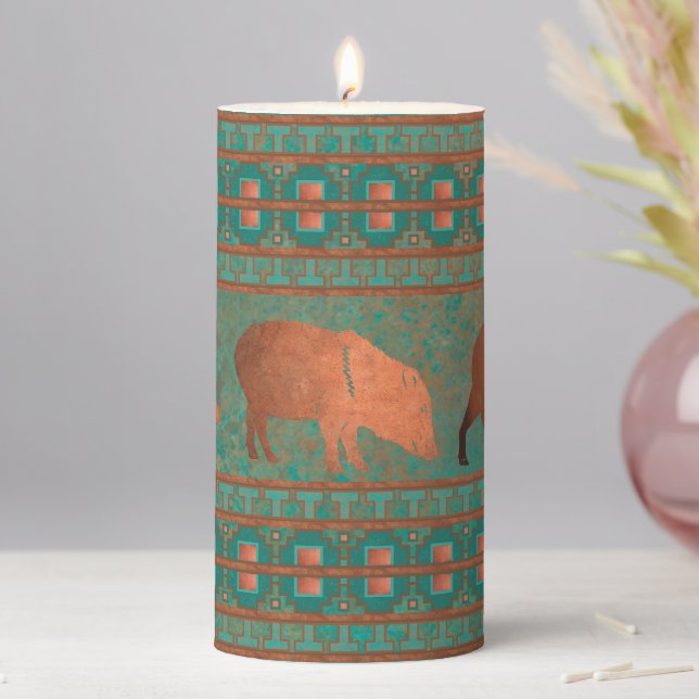 Southwest Cute Javelina Family Copper Teal Pillar Candle (In Situ)