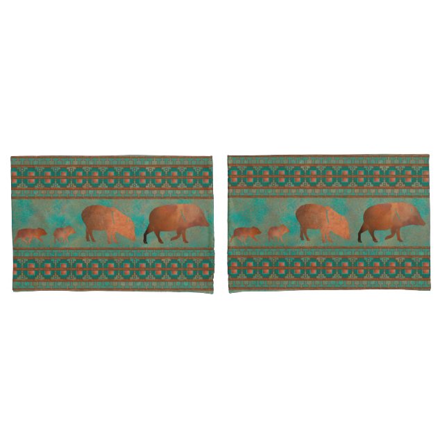 Southwest Cute Javelina Family Copper Teal Pillow Case (Front-Set)