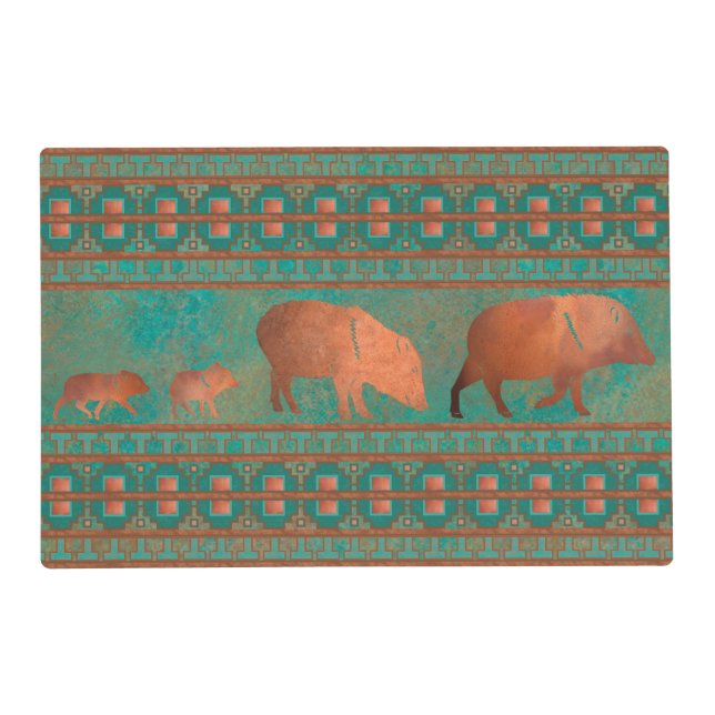 Southwest Cute Javelina Family Copper Teal Placemat (Front)