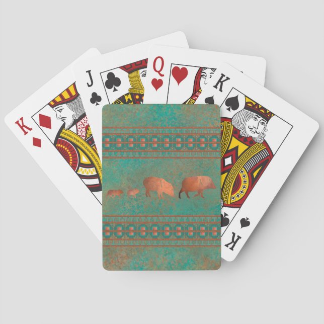 Southwest Cute Javelina Family Copper Teal Poker Cards (Back)