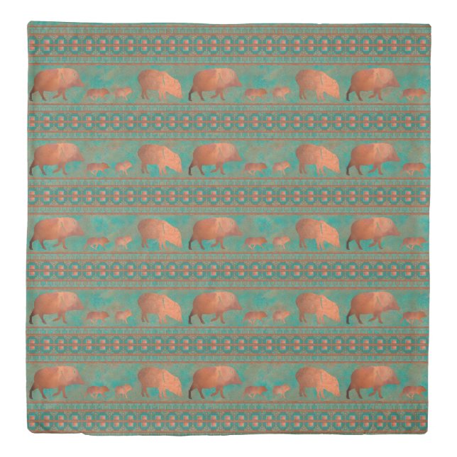 Southwest Cute Javelina Family Copper Teal Queen Duvet Cover (Front)