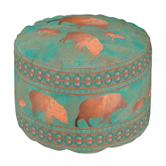 Southwest Cute Javelina Family Copper Teal Round Pouf (Angled Front)