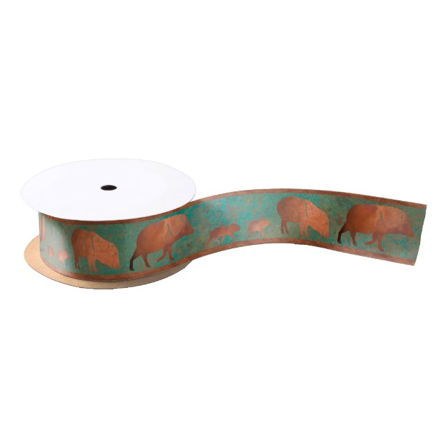 Southwest Cute Javelina Family Copper Teal Satin Ribbon (Spool)
