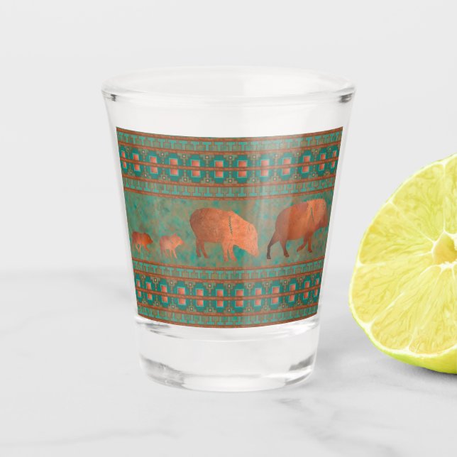 Southwest Cute Javelina Family Copper Teal Shot Glass (Front)