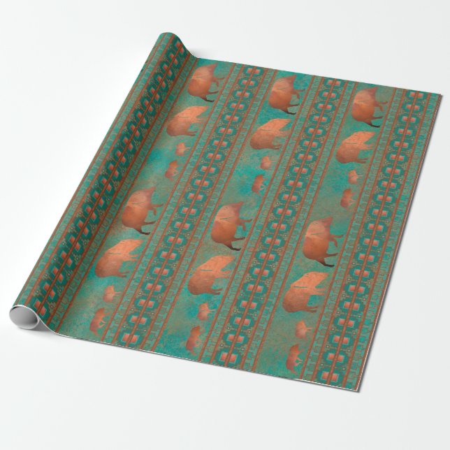 Southwest Cute Javelina Family Copper Teal Wrapping Paper (Unrolled)