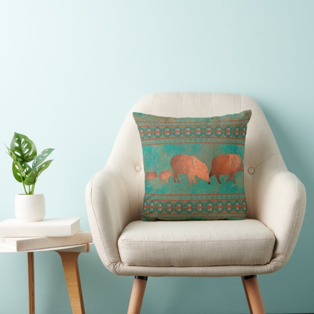 Southwest Cute Javelina Family Teal Copper 16in Throw Pillow (Chair)