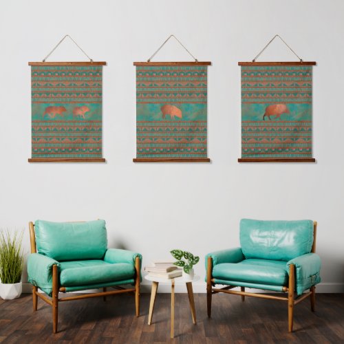 Southwest Cute Javelina Family Teal Geometric Set Hanging Tapestry