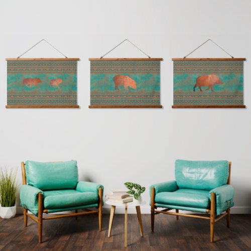 Southwest Cute Javelina Family Teal Geometric Set Hanging Tapestry