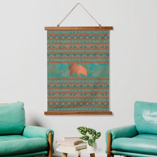 Southwest Cute Javelina Mom Copper Teal Geometric Hanging Tapestry