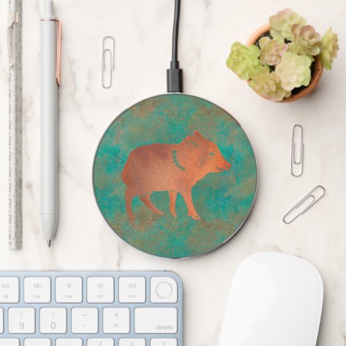 Southwest Cute Javelina on Copper Teal Background  Wireless Charger