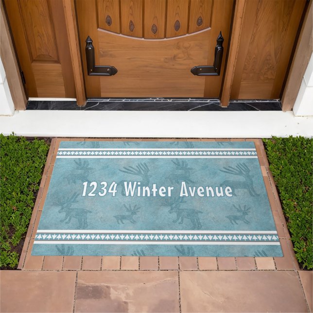 Southwest Deer and Pine Trees Personalized Blue Doormat (Outdoor)