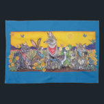Southwest Desert Animal Rabbit Quail Coyote Sun Kitchen Towel<br><div class="desc">This cute kitchen towel features my original painting of a gathering of a variety of southwest wildlife - there's a coyote, rabbits, javelina, quail, bobcat, desert tortoise, butterflies, roadrunner and more! Against a turquoise blue background, my sunny colors really pop! Bright yellow poppy flowers and a blooming cactus complete the...</div>