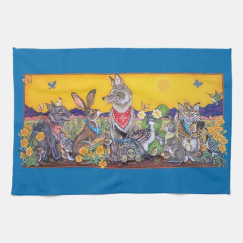 Southwest Desert Animal Rabbit Quail Coyote Sun Kitchen Towel