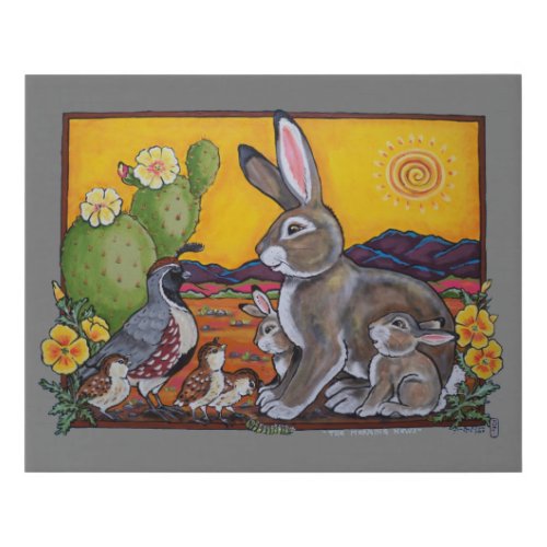 Southwest Desert Animals Rabbit Quail Cactus Cute Faux Canvas Print