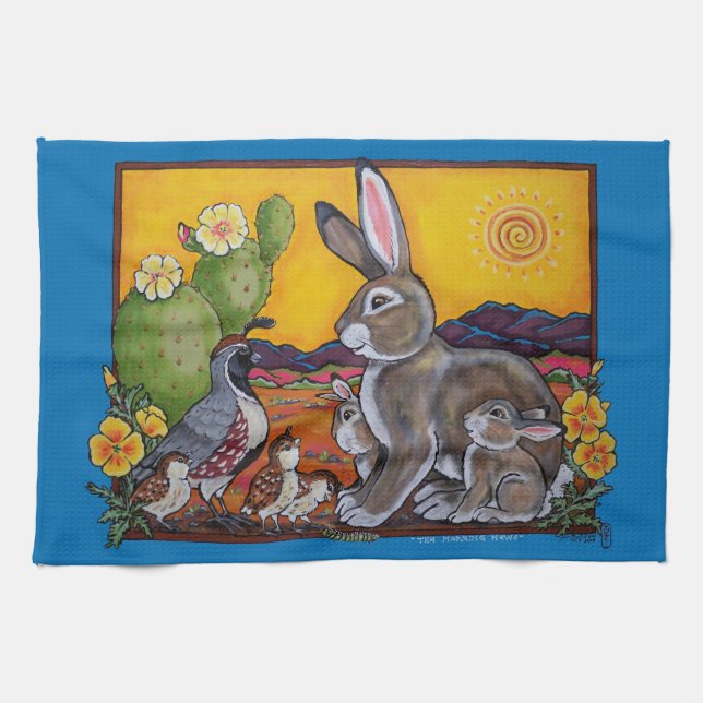 Southwest Desert Animals Rabbit Quail Cactus Cute Kitchen Towel (Horizontal)
