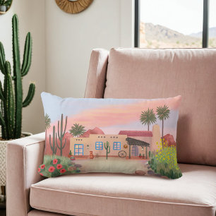 Southwest Desert Cactus Adobe House Peach Lumbar Pillow