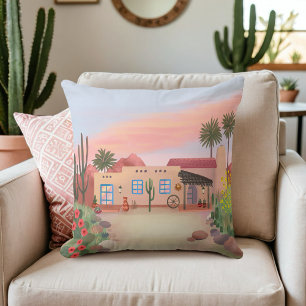 Southwest Desert Cactus Adobe House Peach   Throw Pillow