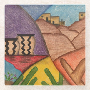 Southwest Desert Cactus Colorful Folk Art Glass Coaster