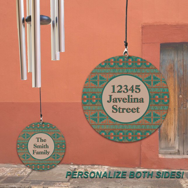 Southwest Desert Customized Teal Geometric Pattern Wind Chime (Personalized Wind Chimes for Home or Patio  Southwest Geometric Pattern in Teal and Copper Colors. )