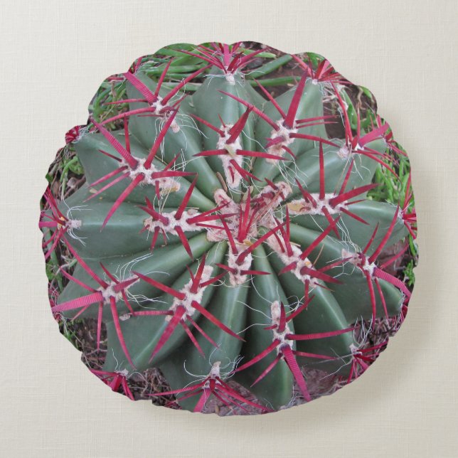 Southwest Desert Plant Photo Red Barrel Cactus Round Pillow (Front)