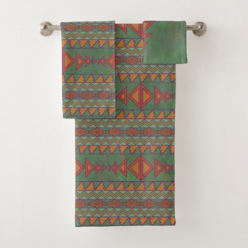 Southwest Desert Sagebrush Green Geometric Design  Bath Towel Set