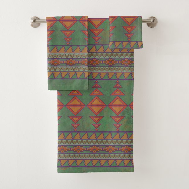Southwest Desert Sagebrush Green Geometric Design Bath Towel Set (Insitu)