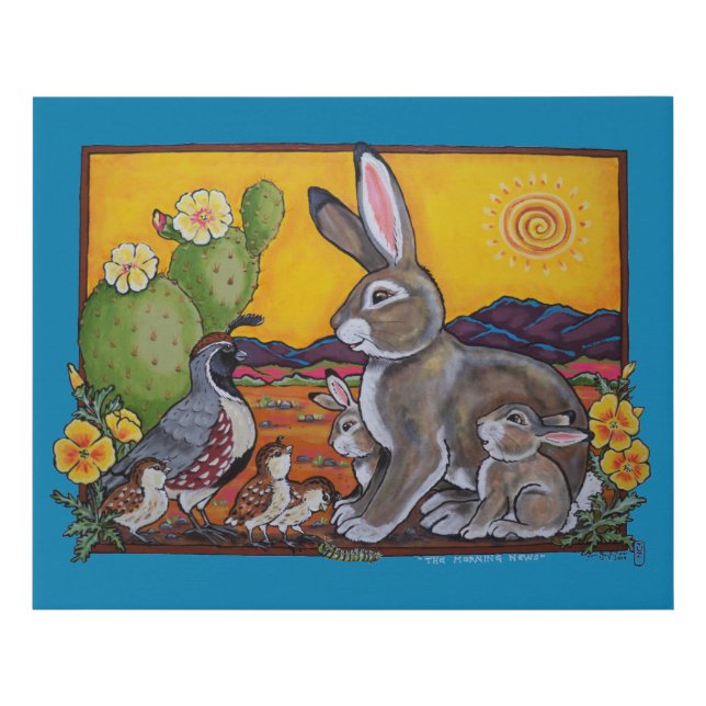 Southwest Desert Scene Rabbit Quail Cute Turquoise Faux Canvas Print (Front)