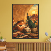 Southwest Desert Sunset Cactus and Native American