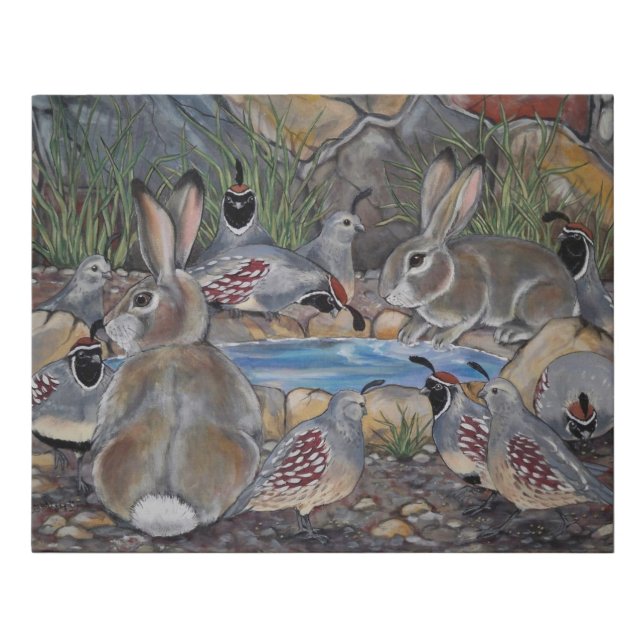 Southwest Desert Wildlife Rabbit Quail Nature Faux Canvas Print (Front)