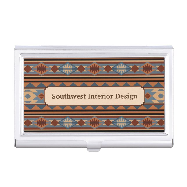 Southwest Design Adobe Gray Brown Tribal Pattern Business Card Holder (Front)