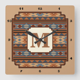 Southwest Design Adobe Gray Brown Tribal Pattern Square Wall Clock