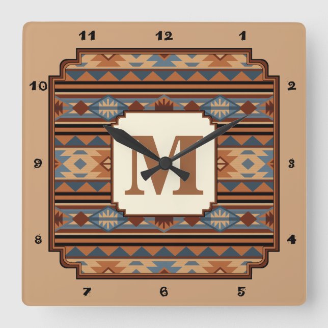 Southwest Design Adobe Gray Brown Tribal Pattern Square Wall Clock (Front)