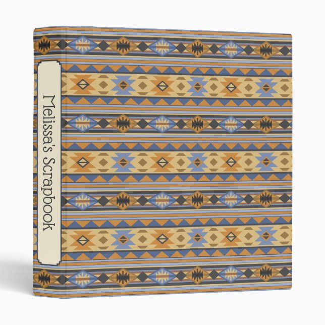 Southwest Design Gold Blue Gray Tribal Pattern 3 Ring Binder (Front/Spine)