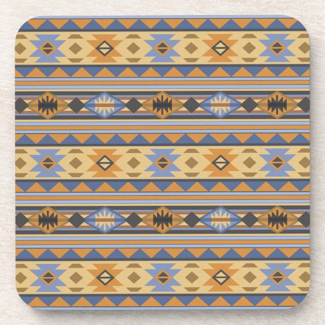 Southwest Design Gold Blue Gray Tribal Pattern Beverage Coaster (Front)
