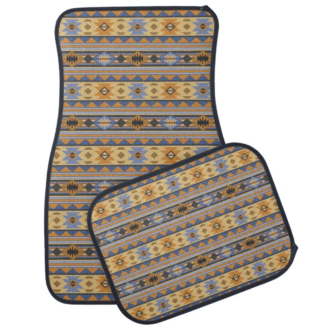 Southwest Design Gold Blue Gray Tribal Pattern Car Floor Mat (Set)