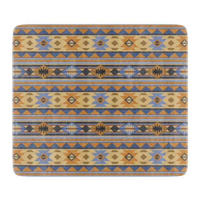 Southwest Design Gold Blue Gray Tribal Pattern Cutting Board (Front)