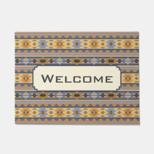 Southwest Design Gold Blue Gray Tribal Pattern Doormat