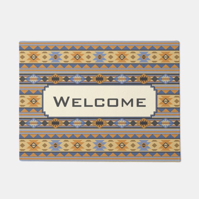 Southwest Design Gold Blue Gray Tribal Pattern Doormat (Front)