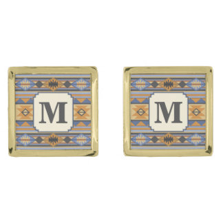 Southwest Design Gold Blue Gray Tribal Pattern Gold Cufflinks