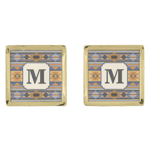 Southwest Design Gold Blue Gray Tribal Pattern Gold Cufflinks (Front)