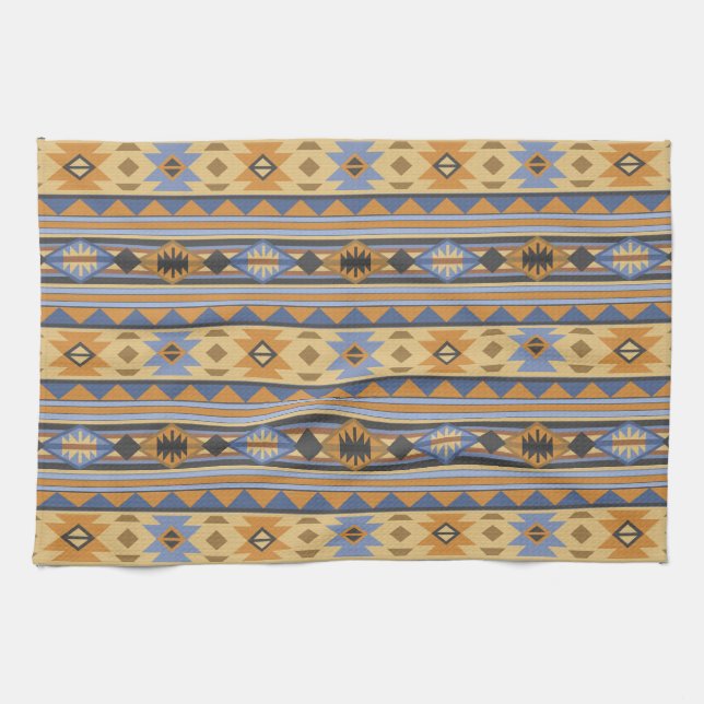 Southwest Design Gold Blue Gray Tribal Pattern Kitchen Towel (Horizontal)