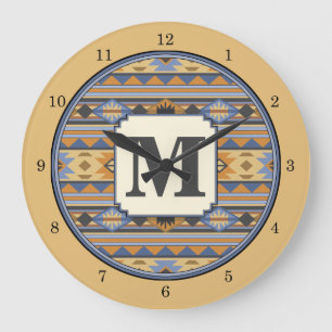 Southwest Design Gold Blue Gray Tribal Pattern Large Clock