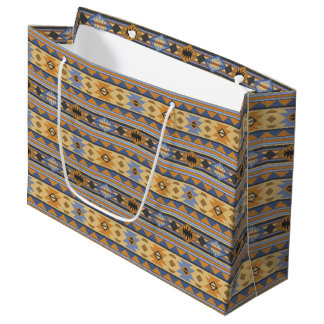 Southwest Design Gold Blue Gray Tribal Pattern Large Gift Bag